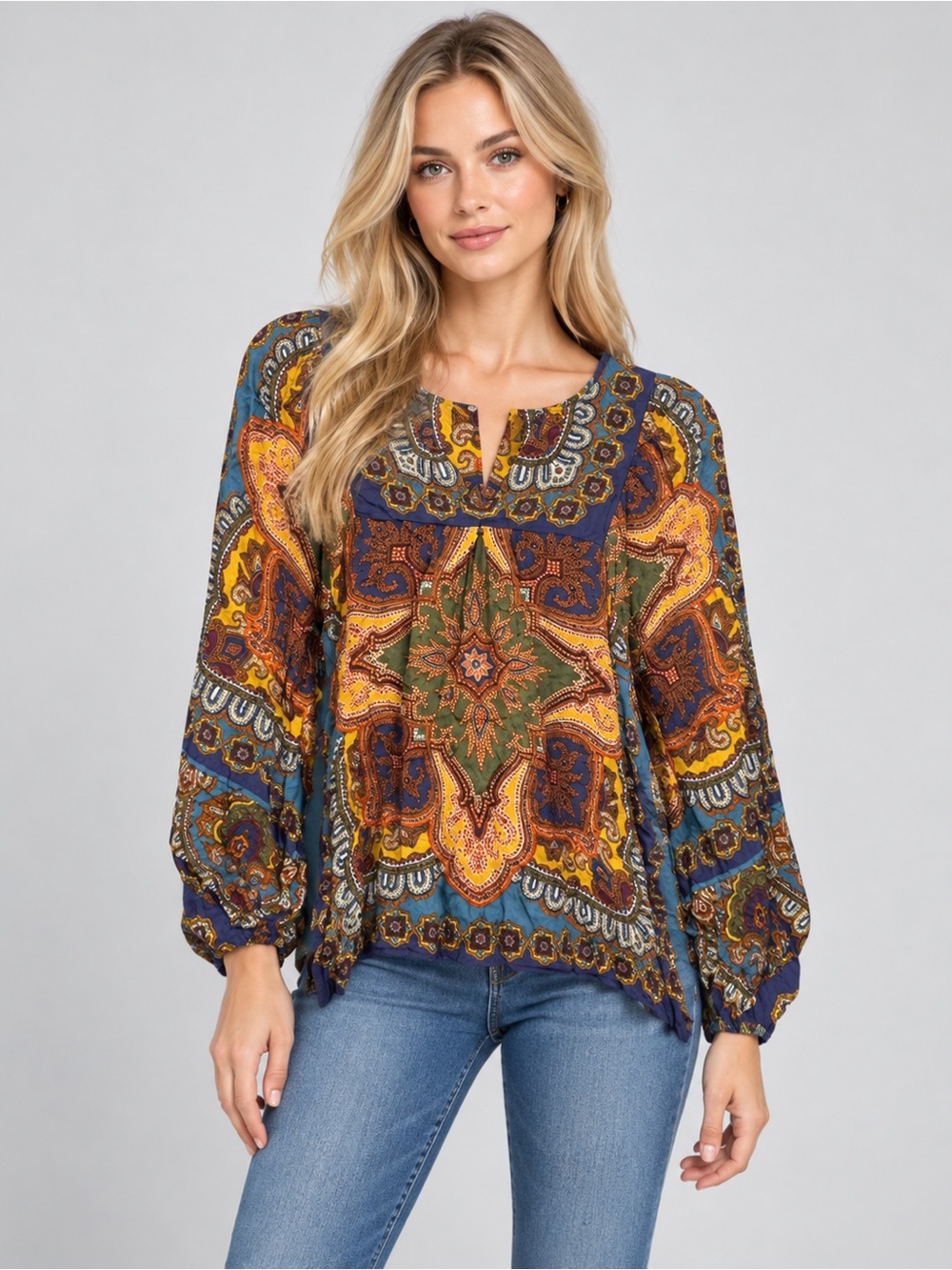 Hale Bob Boho Paisley Medallion Print Peasant Blouse Multicolor M